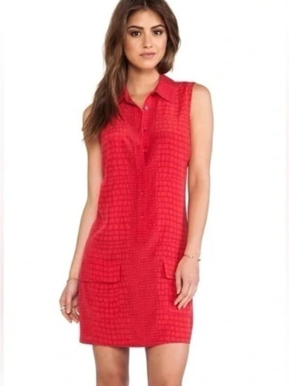 Equipment Strawberry Red Lucida Silk Crocodile Embossed Print Shirt Dress Size L